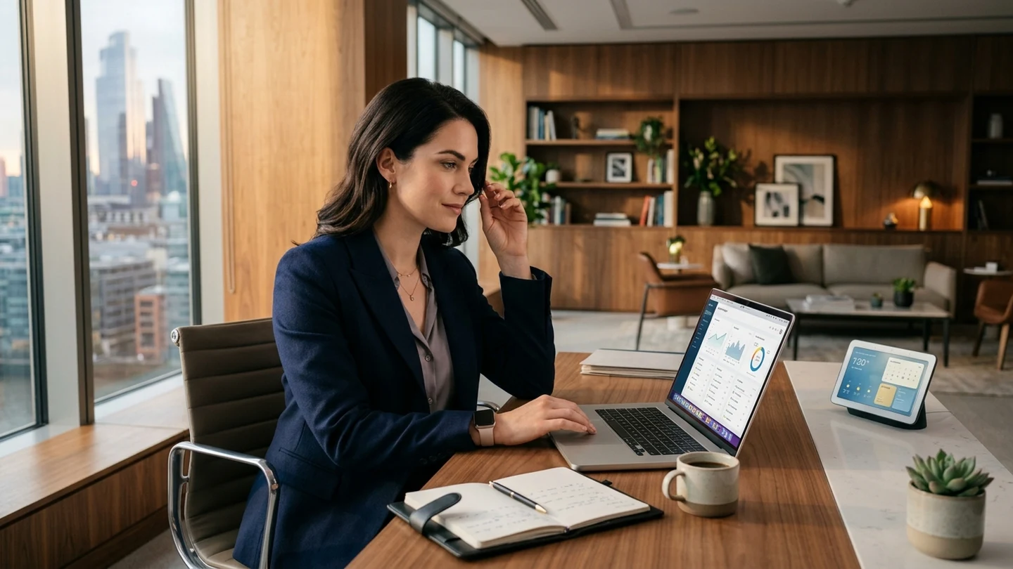 Modern executive assistant working with AI-assisted software and smart devices at an executive desk.