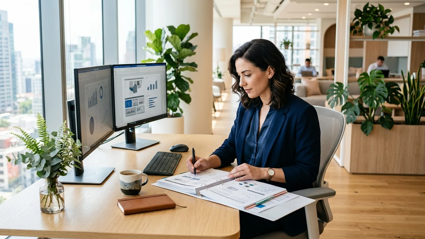 Operations professional reviewing customer records and data hygiene at a modern dual-monitor desk.