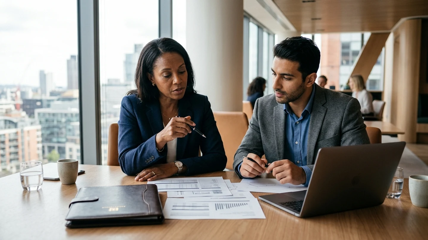 Business owner and financial advisor reviewing operational cost analysis and support budgets.