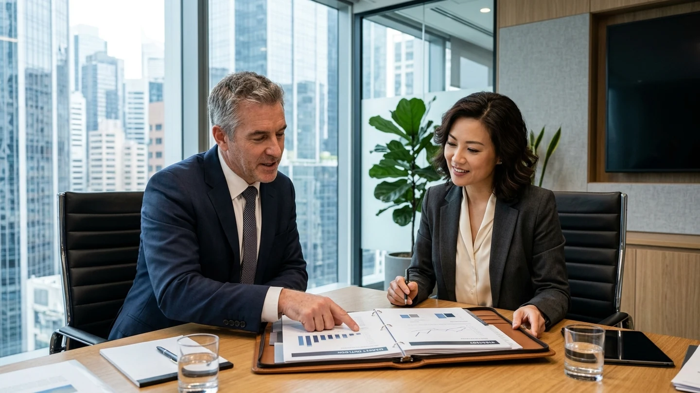 Executive leader and executive assistant collaborating over portfolio documents in a glass boardroom.