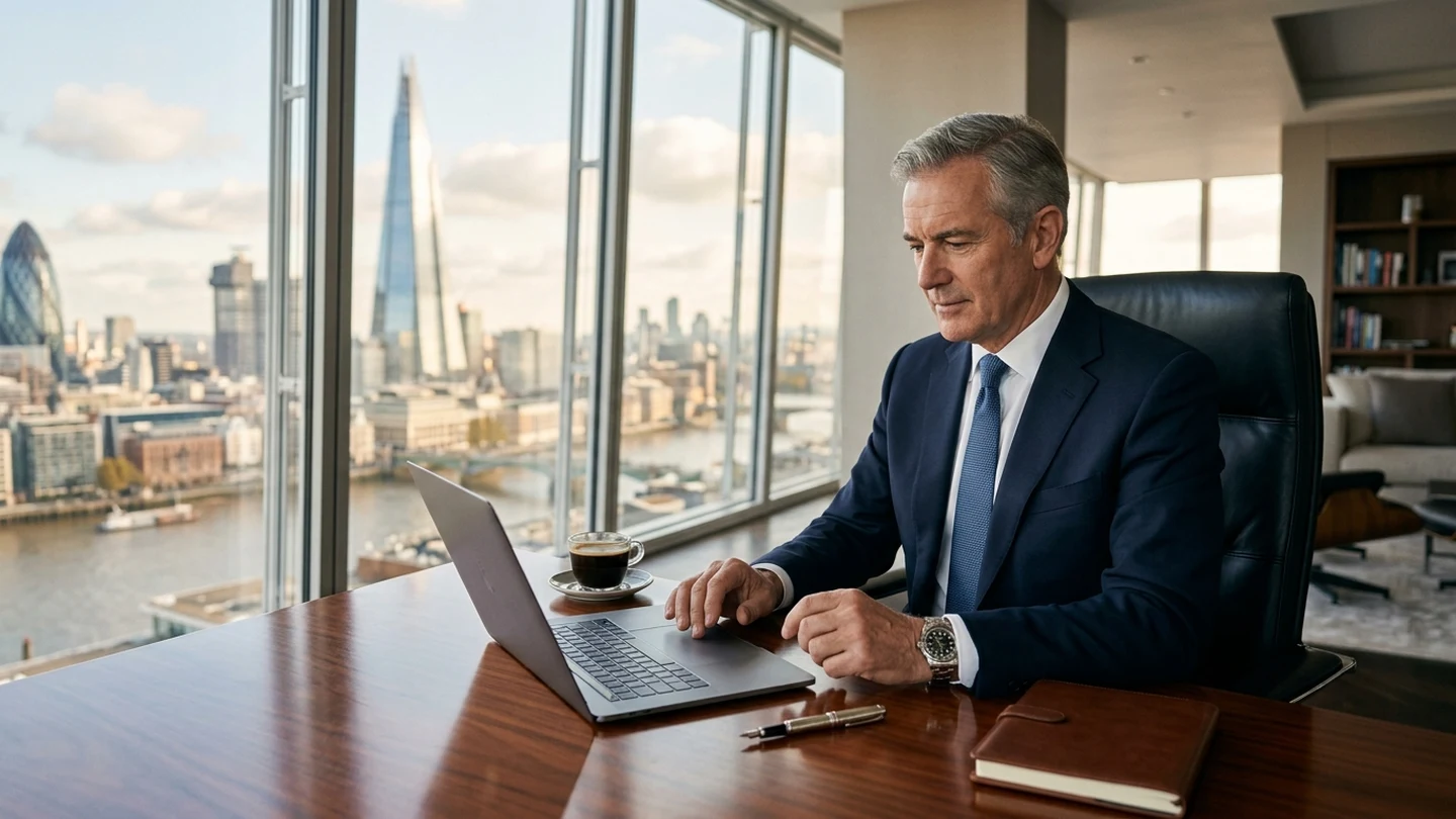 Corporate executive reviewing and organizing priority email communications on a laptop in a high-rise office.