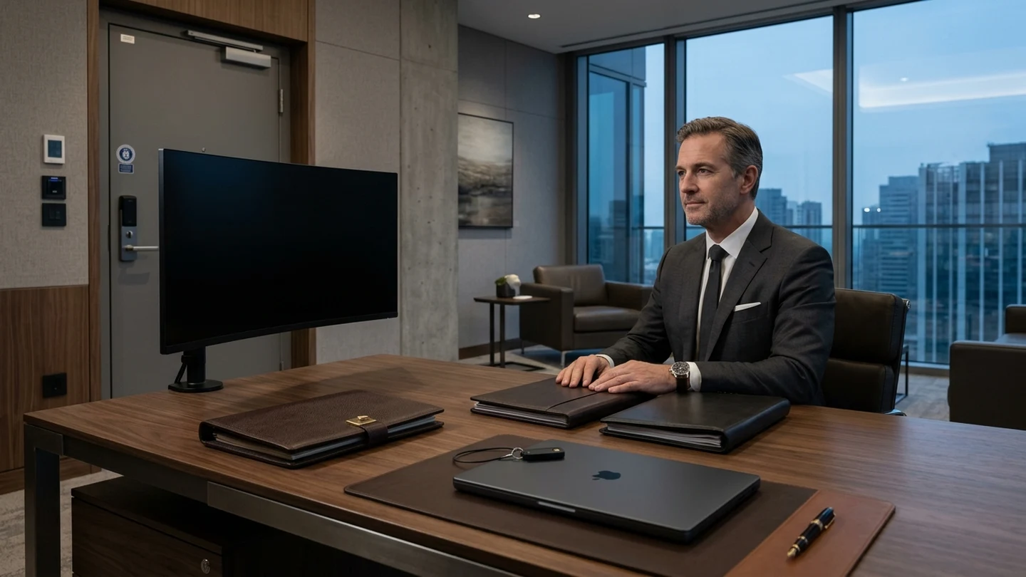 Executive private office with secure laptop, confidential folders, and data security governance setup.