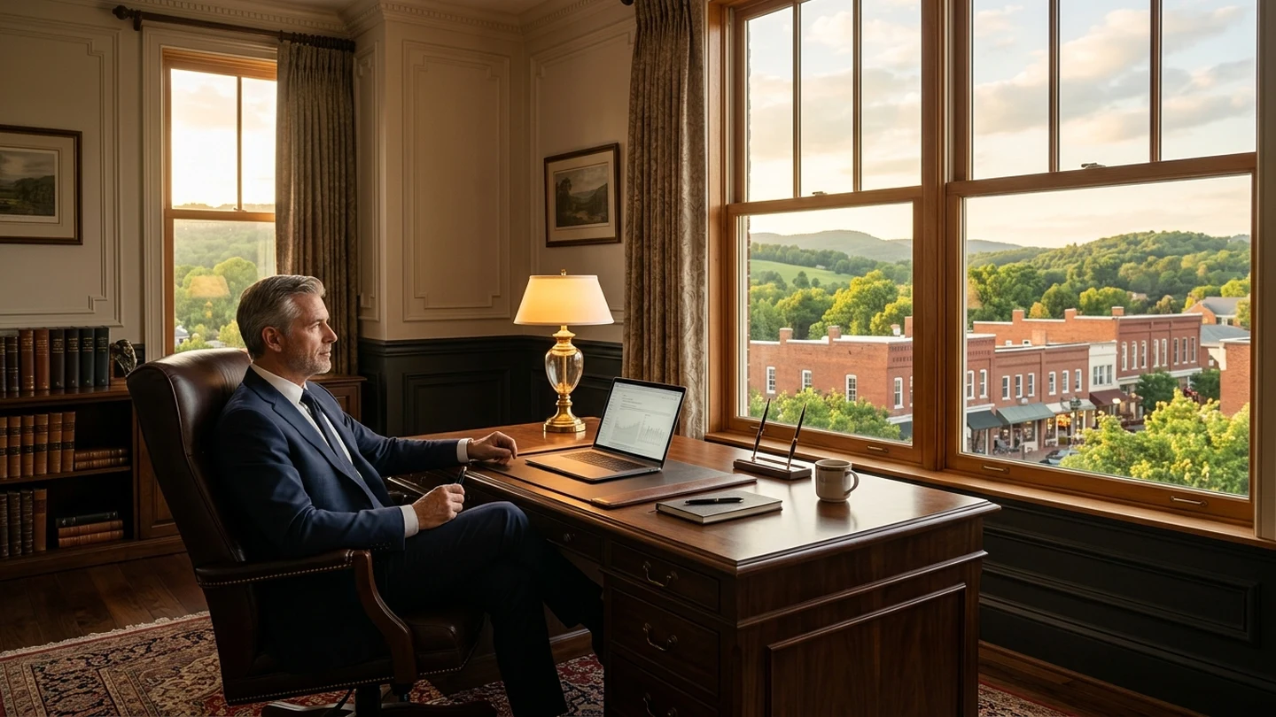 Executive office in Virginia overlooking regional commercial landscape with laptop on classic wooden desk.