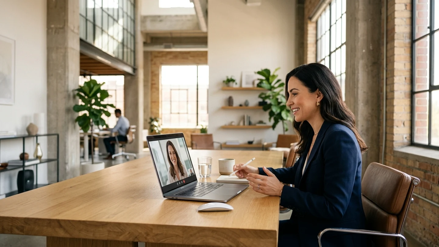 Startup founder collaborating remotely on laptop with a fractional executive assistant in a modern loft office.