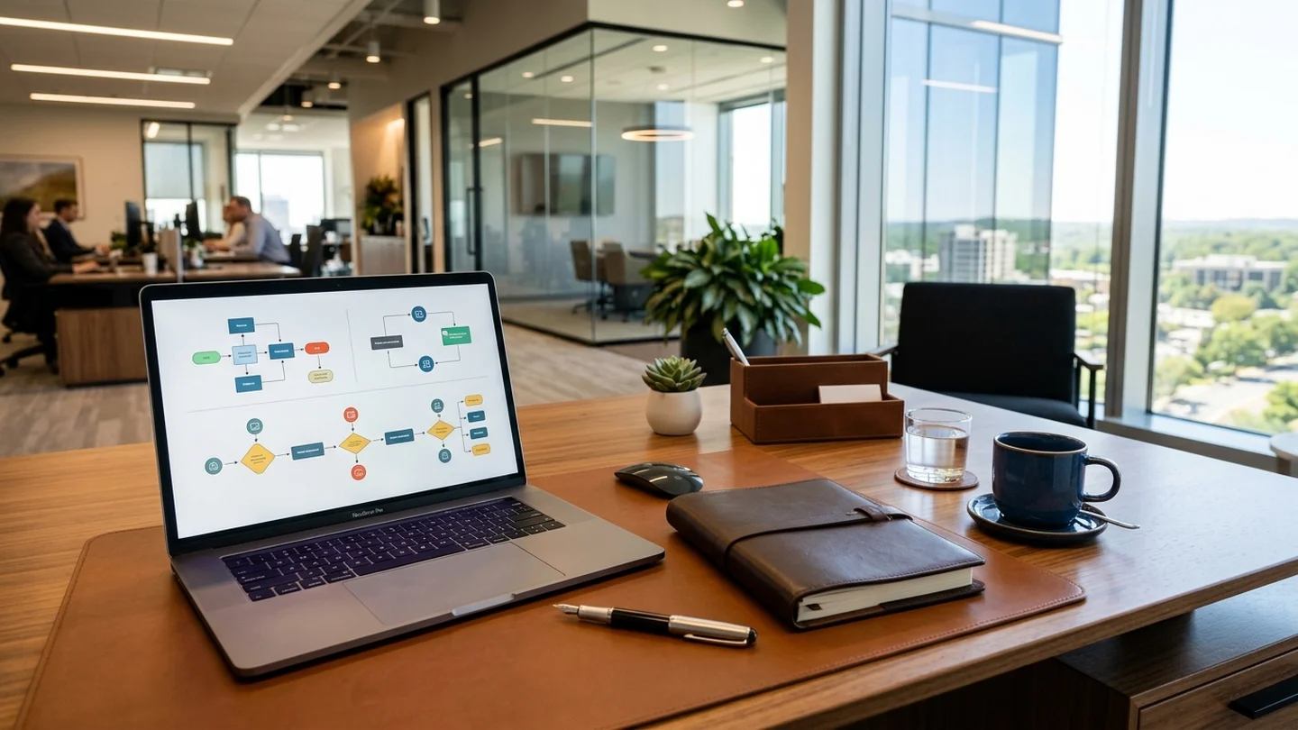 Executive office desk with a laptop displaying business workflow diagrams, planner notebook, and delegation manual in a Virginia office.