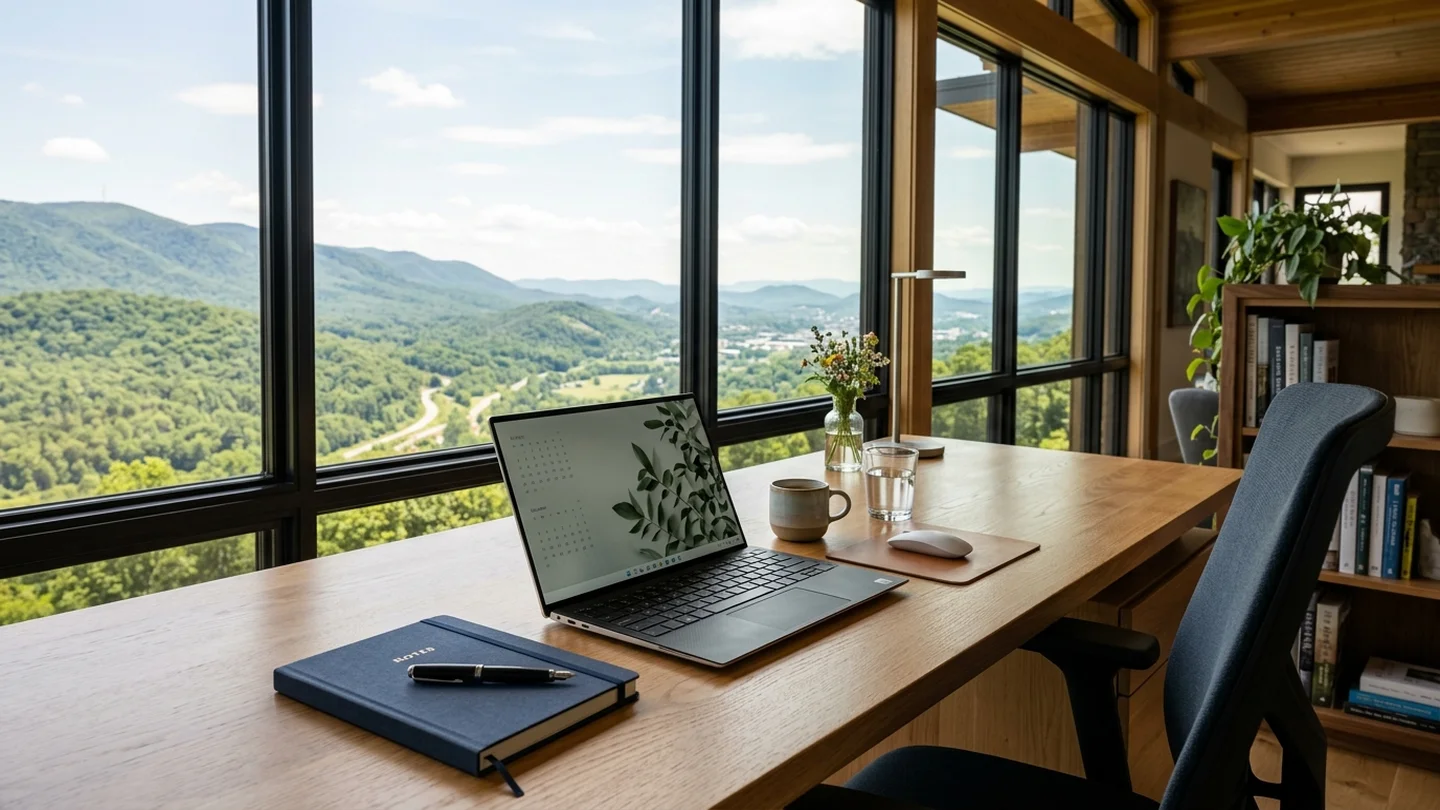 Organized executive support desk overlooking the Blue Ridge Mountains and Roanoke Valley in Virginia.