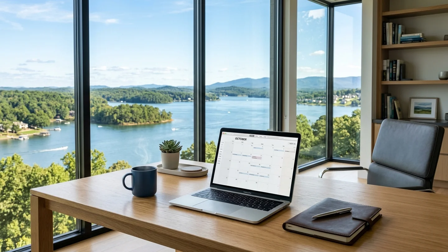 Organized executive support workspace overlooking Smith Mountain Lake in Virginia.