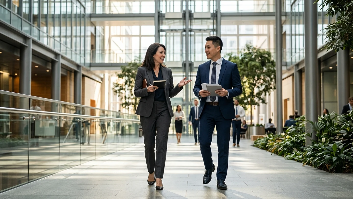 Executive leader and executive assistant conversing while walking through a bright modern corporate atrium.
