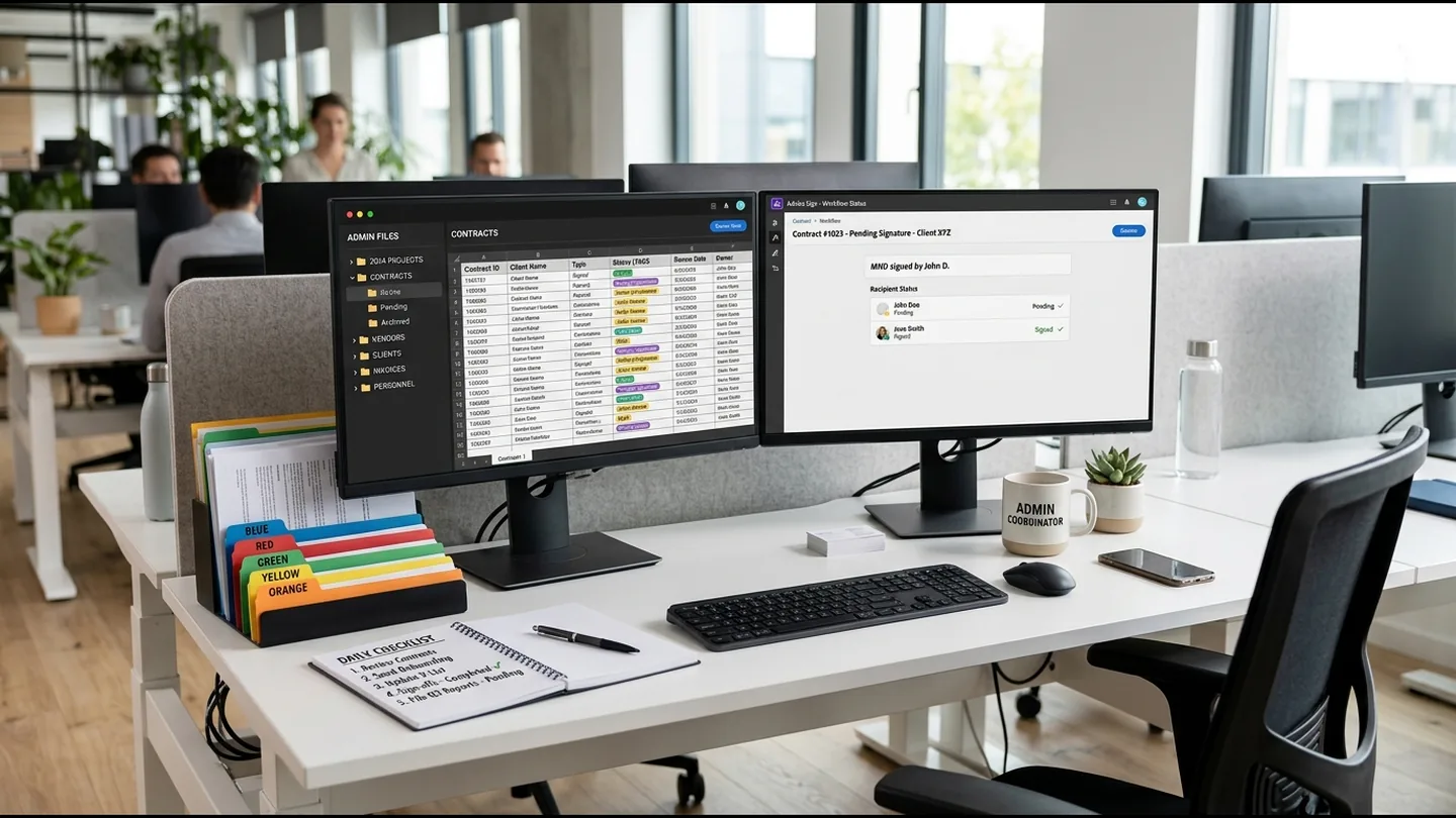 Administrative coordinator organizing digital documentation, filing protocols, and business correspondence.