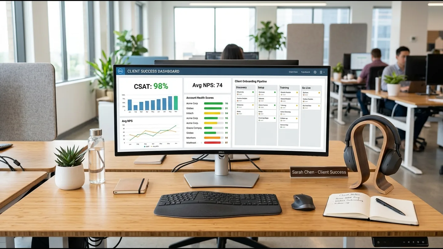 Client success coordinator managing professional client inquiries, relationship touchpoints, and account onboarding.