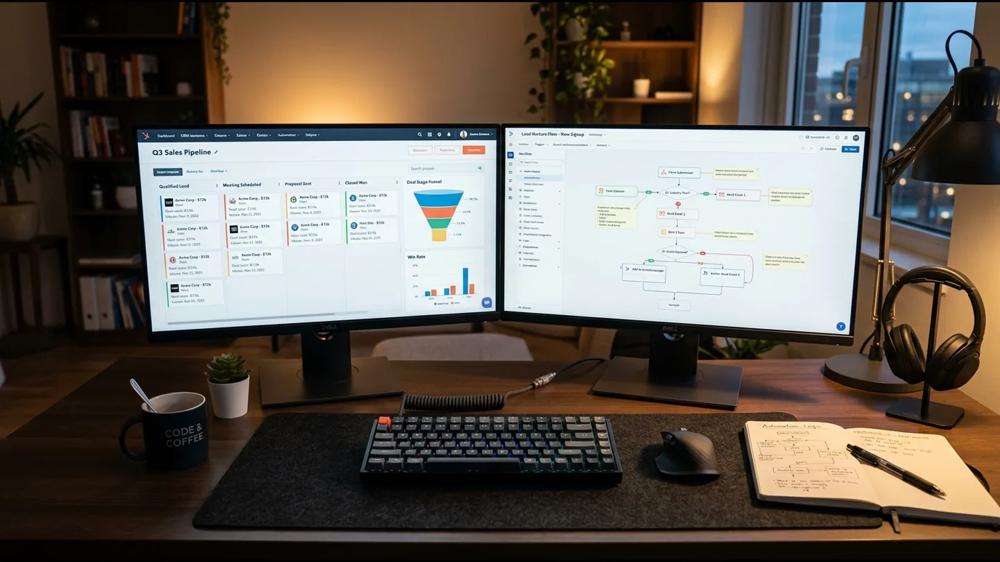 CRM and automation specialist workstation featuring dual monitors displaying automated pipeline workflows, API integration nodes, and analytics dashboards.