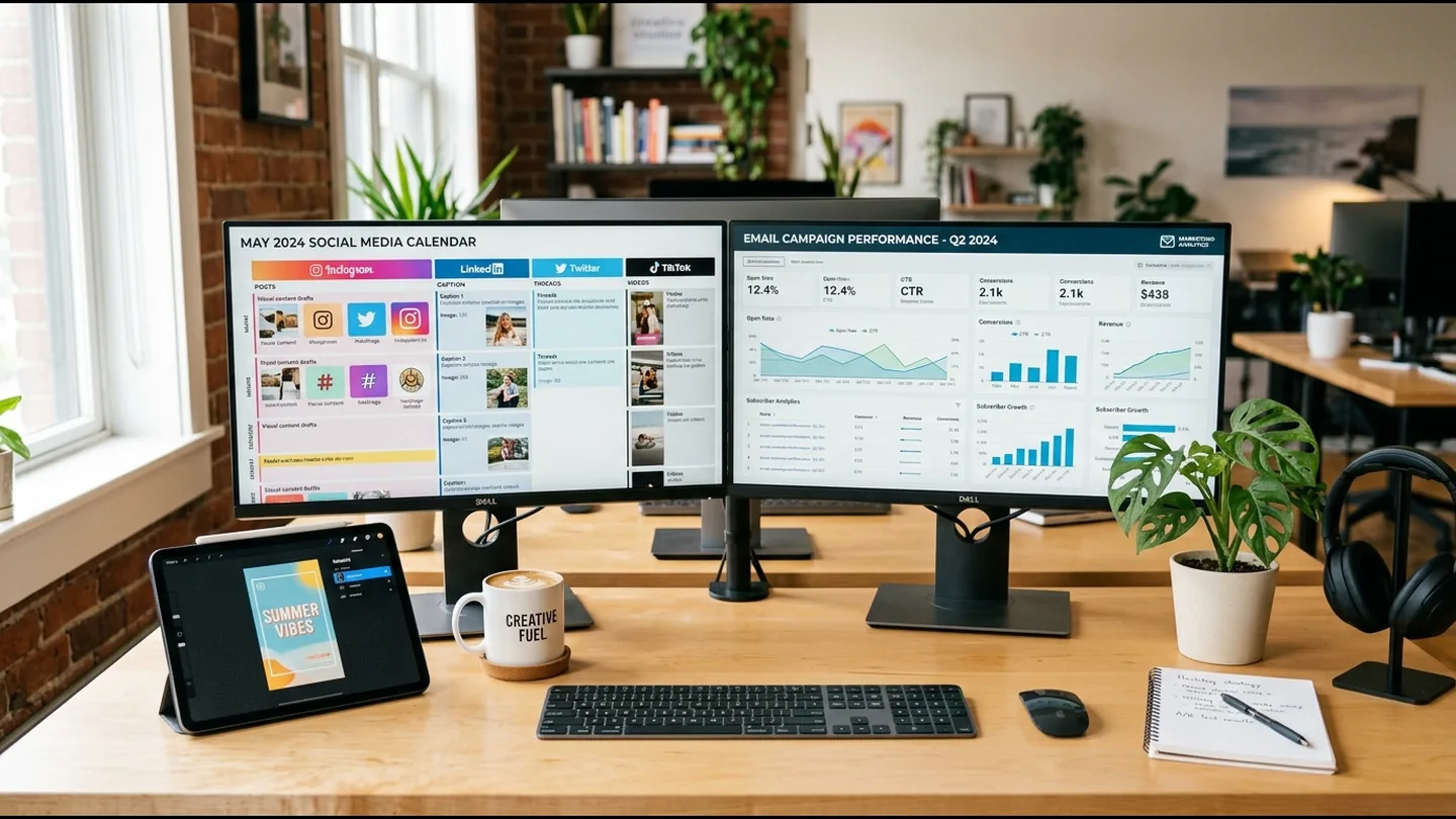 Digital marketing assistant scheduling multi-channel campaigns, email newsletters, and social marketing assets.