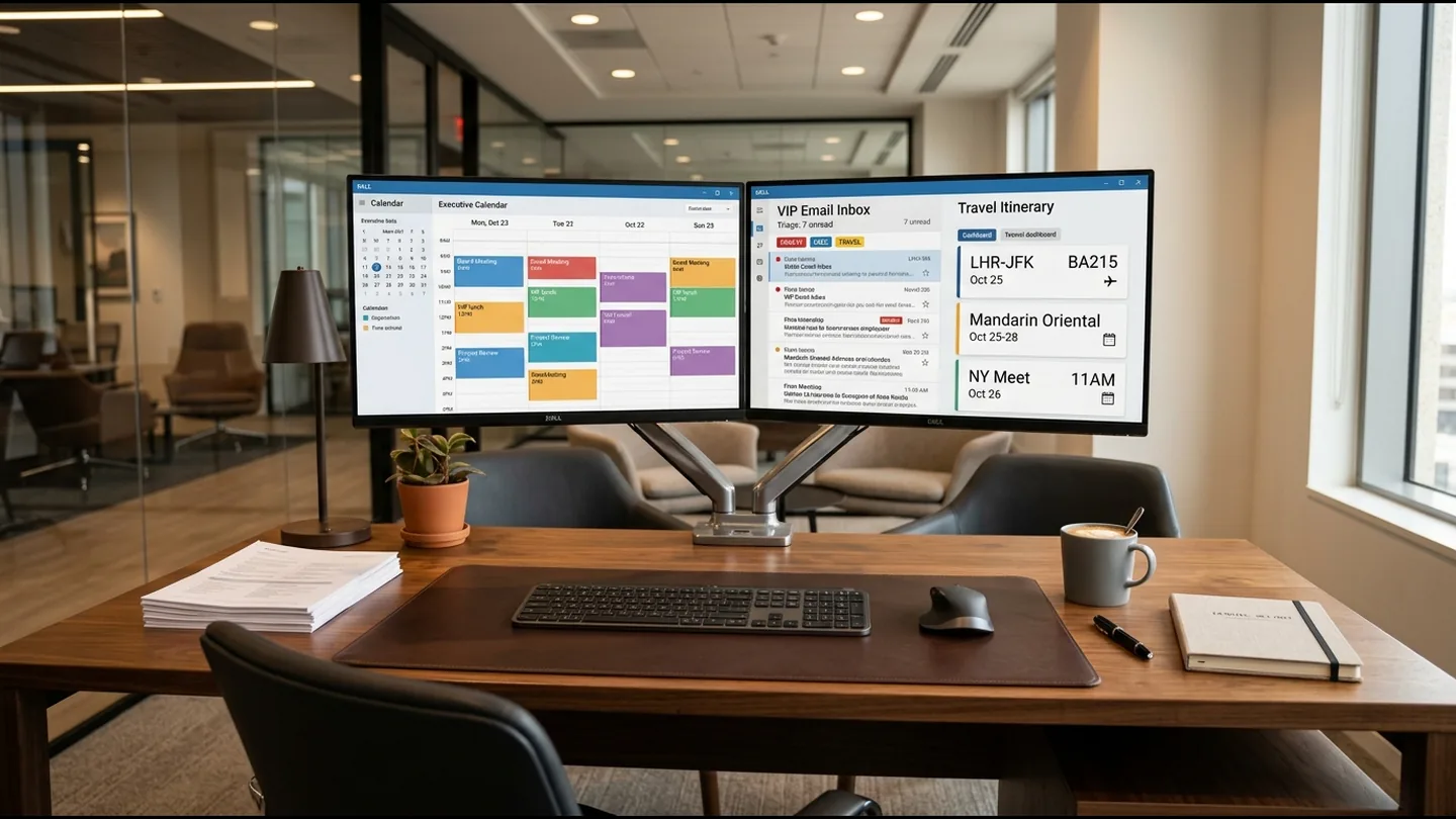 Executive assistant coordinating executive calendars, meeting schedules, and daily leadership priorities from a modern workstation.