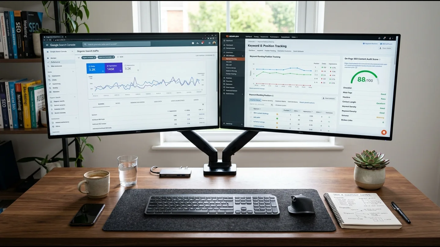 SEO and content specialist analyzing search visibility metrics, keyword rankings, and website content optimization.