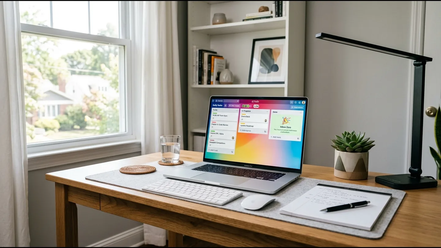 Virtual assistant managing remote administrative workflows, inbox triage, and team task tracking in a clean home office.